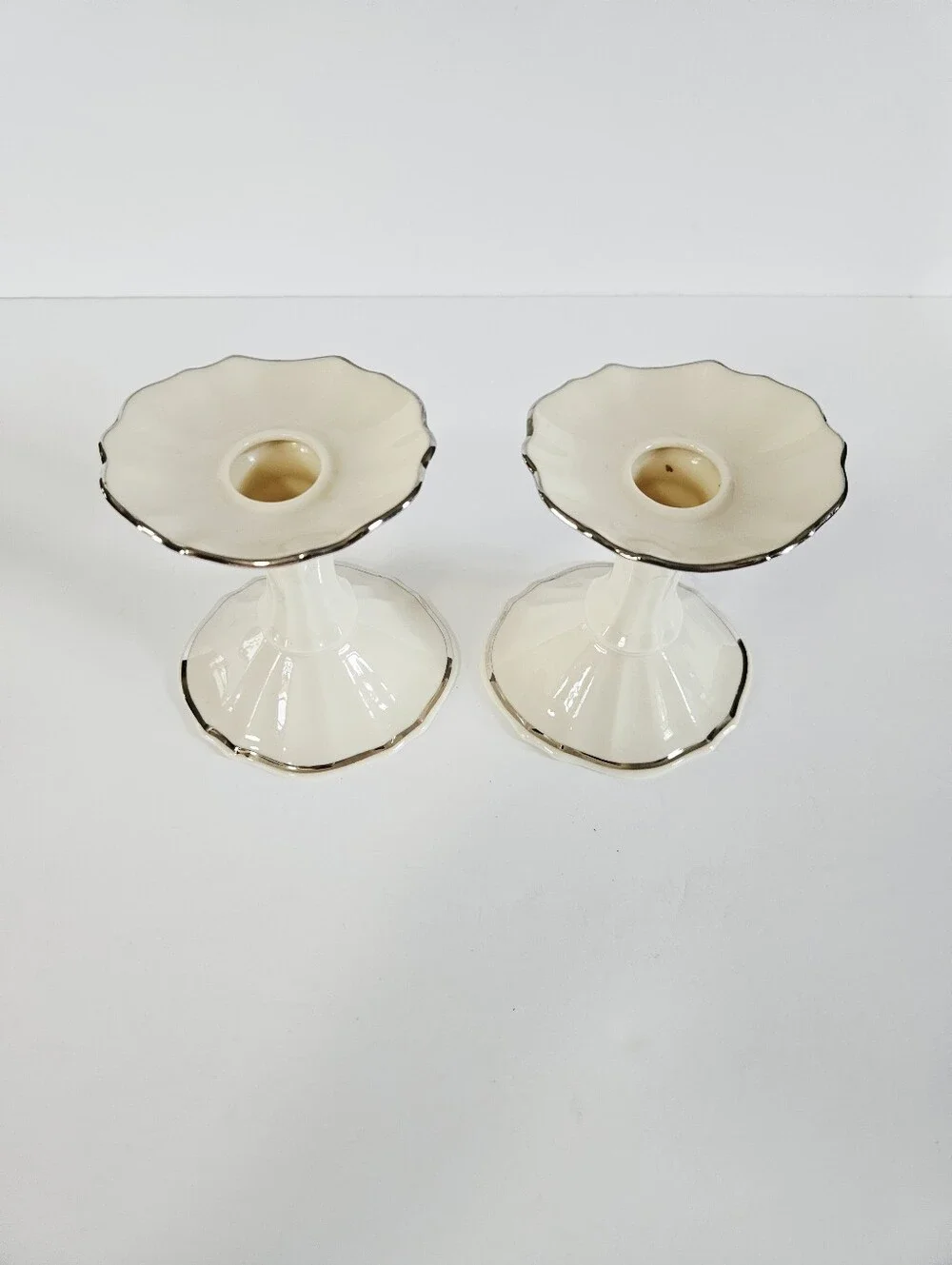 Lenox China Vintage Symphony Pattern Porcelain Candlesticks Ivory Platinum Trim